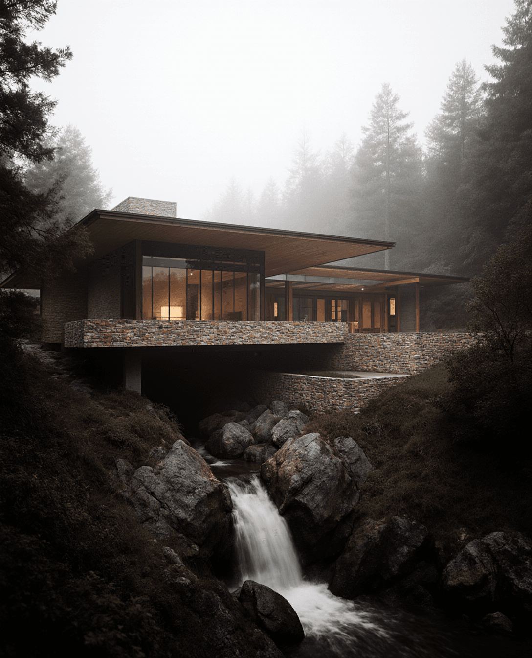 AI generated: Create an architectural image in the distinctive style of Frank Lloyd Wright. The design should feat...