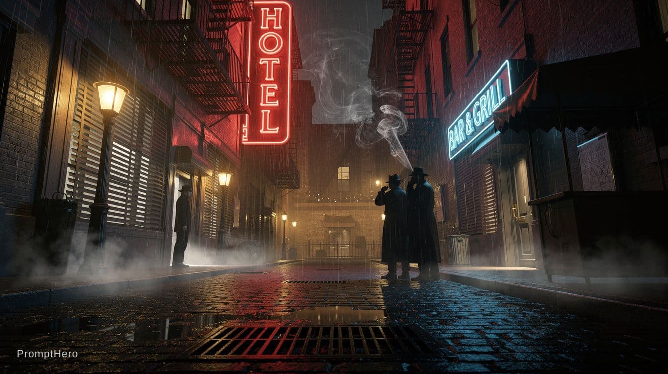 AI generated: A rain-slicked urban street at the heart of a 1940s American city, midnight. Cobblestones glisten un...