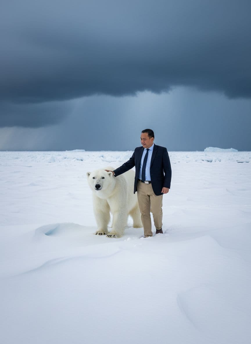 AI generated: A vast, snowy landscape with a polar bear walking alongside a man (image provided) touch the bear  T...