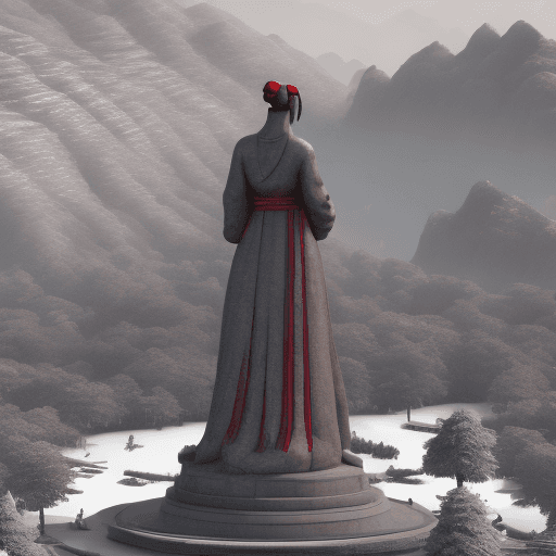 AI generated: a large statue with a woman looking at it, in the style of unreal engine 5, northern china's terrain...
