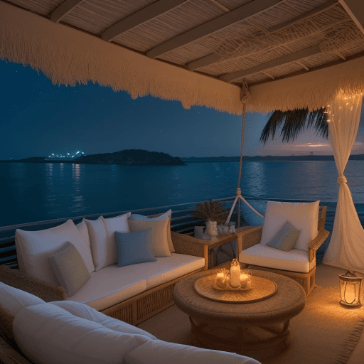 AI generated: A serene coastal location with a gentle breeze and the soothing sound of waves. The boho terrace ext...
