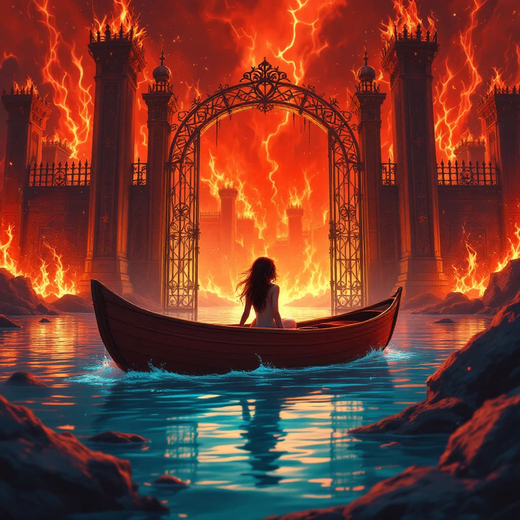 AI generated: A rosey cute beautiful girl in a boat floating in hell, In the background are The gates of Hell whic...