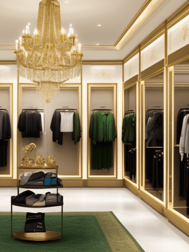 AI generated: clothes displayed, boutique store, gold and green interior, luxury interior