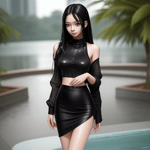 AI generated: Pretty slim Malaysian girl, 19 years old, pretty, beautiful, perfect chest, skirt, wet, long black h...