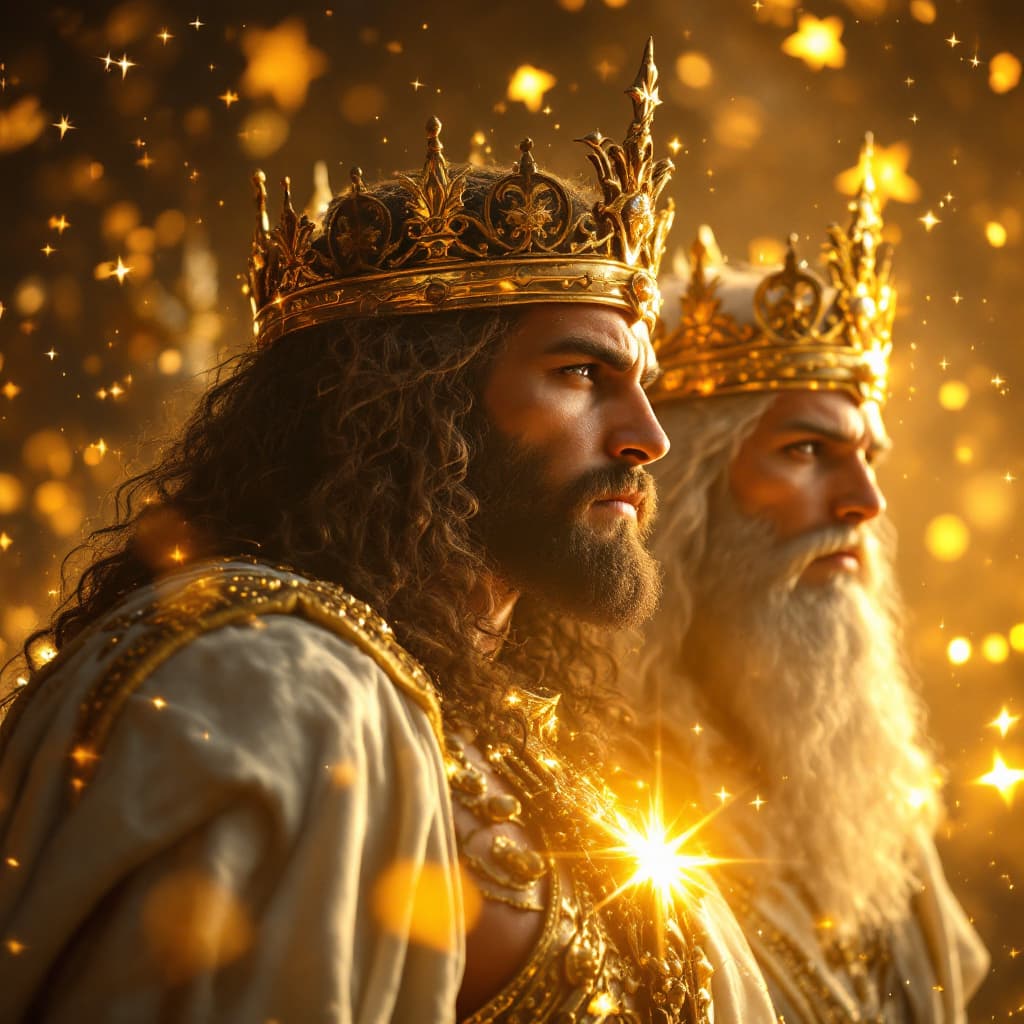 AI generated: TRES REYES MASCULINOS LOS TRES UNO PIEL BLANCA OTRO DE PIEL MORENA Y EL OTRO PIEL NEGRA INCADOS BAJO...