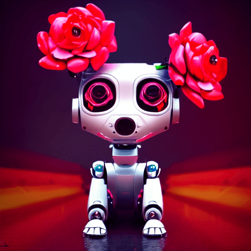 AI generated: beautiful robot dog holding bright roses in hand close-up, cyberpunk, intricate artwork . octane ren...