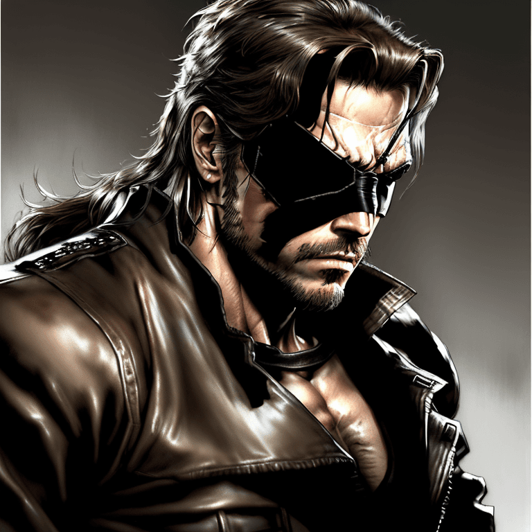 AI generated: big boss metal gear solid, ultra high quality, portrait, Rambo, leather jacket x men style rock long...