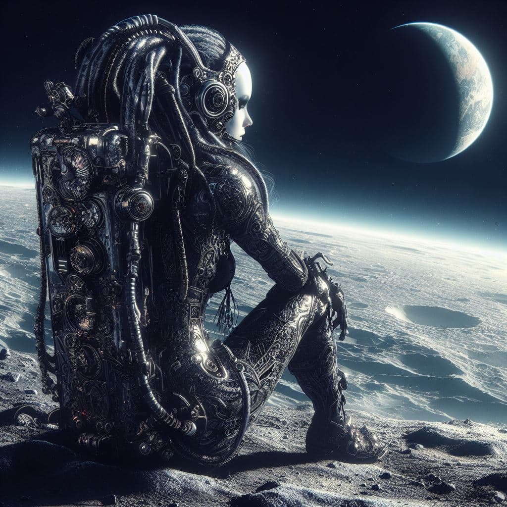 AI generated: a gothic punk base on the moon. A goth punk astronaut observes the landscape. The earth can be seen ...