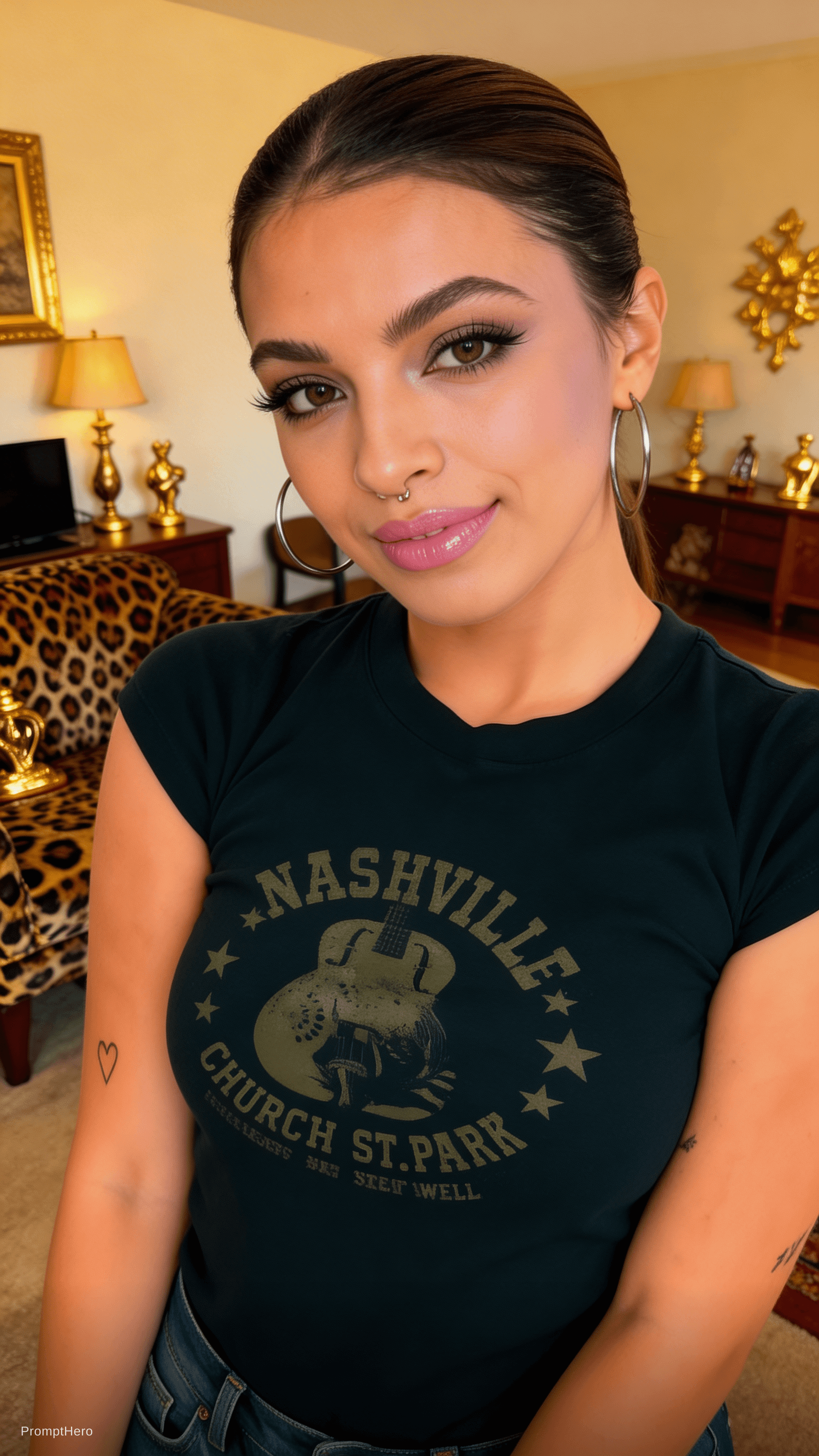 AI generated: THe subject from image 1, with the outfit from image make up and hair she has on in image 2