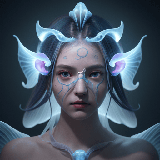 AI generated: Goddess close-up portrait ribcagel. jellyfish phoenix head, nautilus, orchid, skull, betta fish, bio...