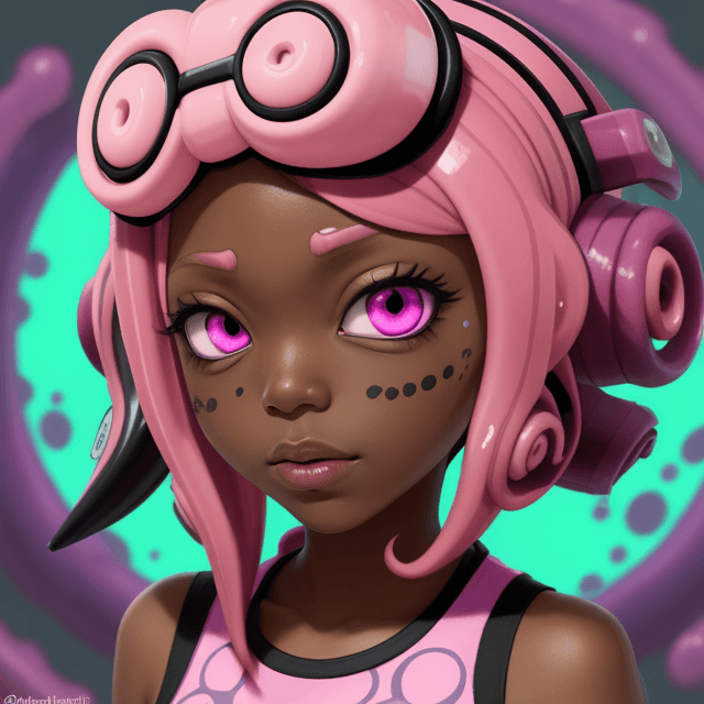 AI generated: splatoon, octoling, dark skin, pink hair, visor, spiral eye, hypnotize