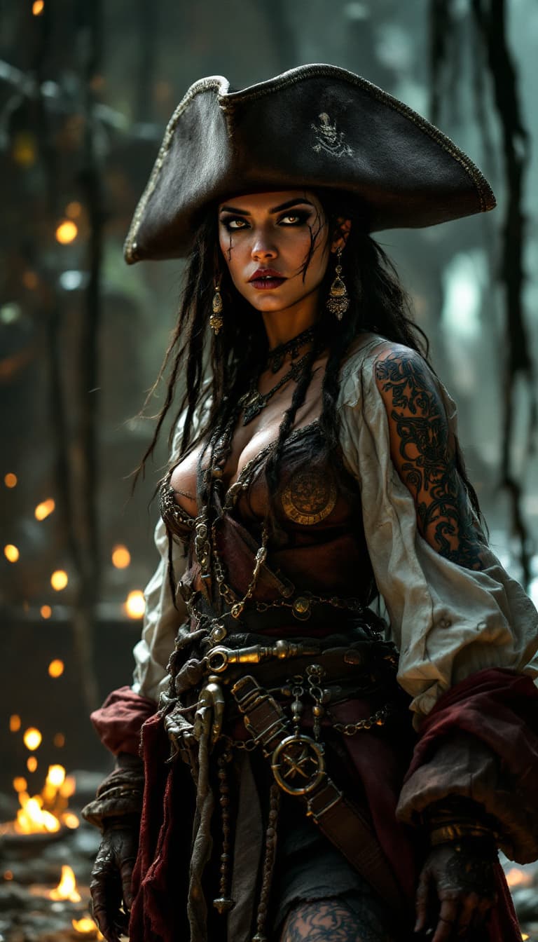 AI generated: A commanding Native Caribbean pirate captain stands tall amidst the Pirate City of Lost Ships, her f...