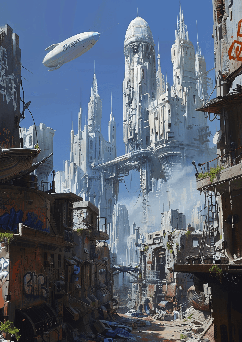 AI generated: A small futuristic city in the ruins of an old building, blue sky, in the style of Gerald Brom and J...