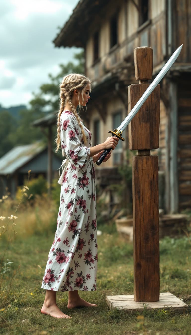 AI generated: full body view of A very beautiful minute blonde woman with braids, flowery dress, barefoot (((show ...