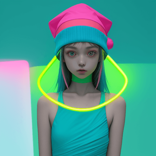 AI generated: a girl wearing a blue hat, in the style of neon colors, surreal fashion photography, light green and...