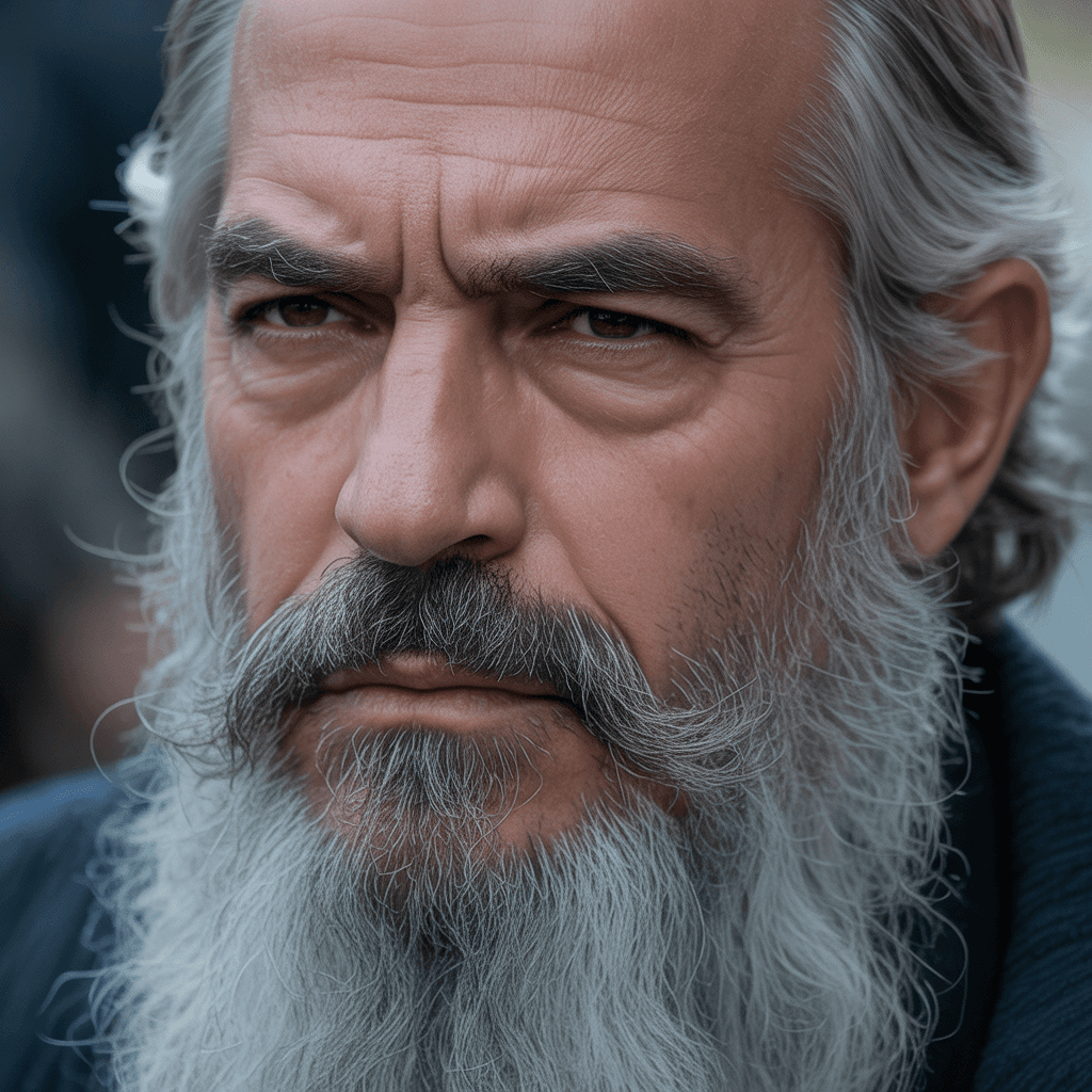 AI generated: The image features an older man, a long white beard and mustache,  He has a stern expression, giving...