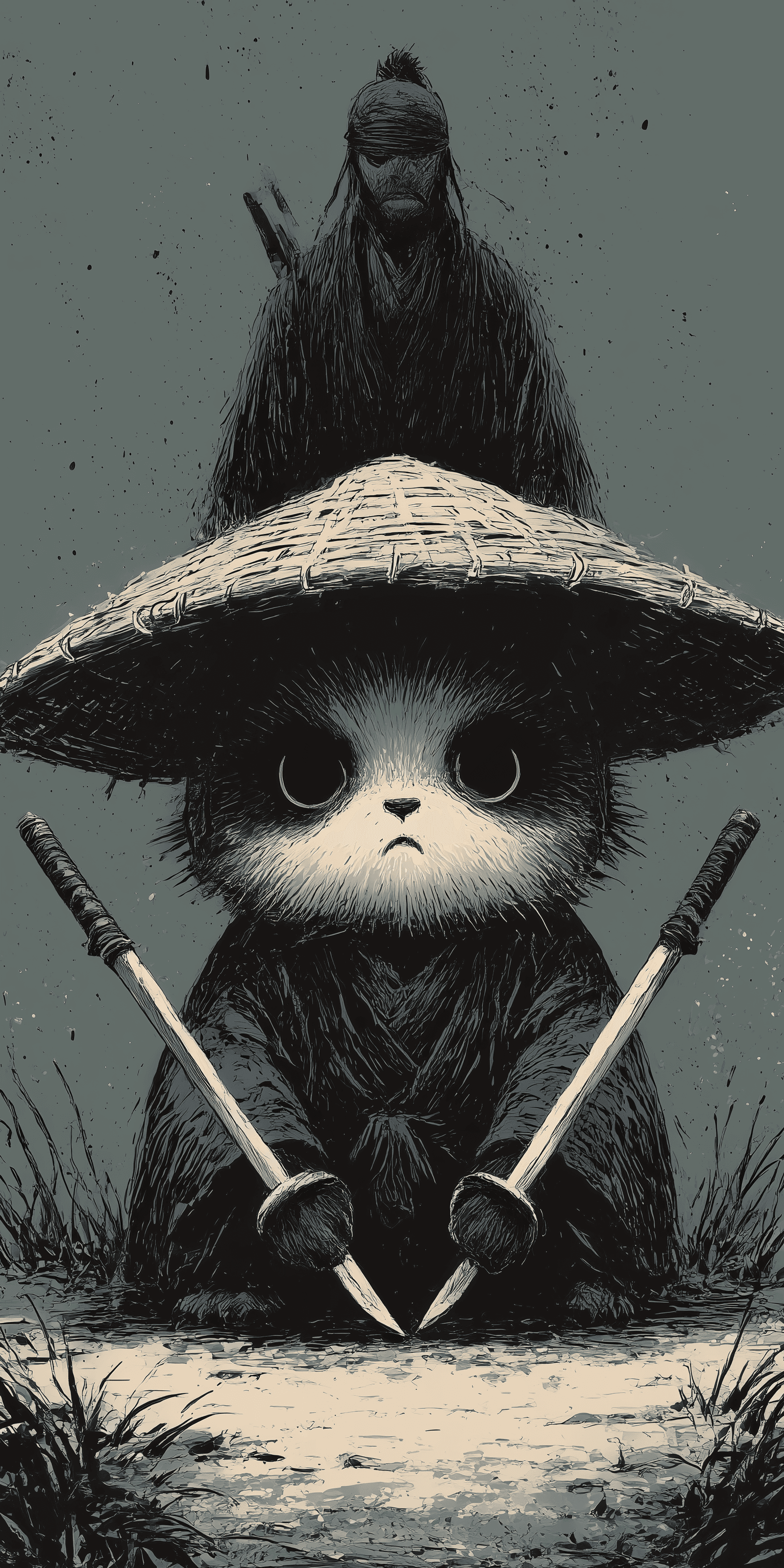AI generated: A small, furry creature with black fur and dark eyes, wearing an ancient Chinese bamboo hat, sits on...