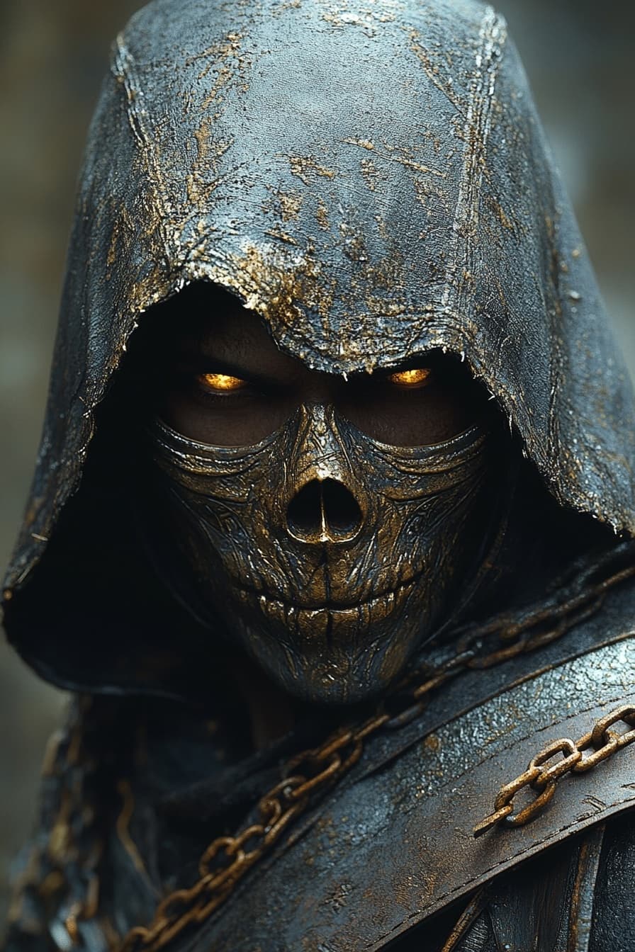 AI generated: hooded character with detailed carved skull mask, rusty chain accents, intense eyes, dark fantasy at...