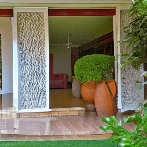 AI generated: A house in urban bangalore in Geoffrey Bawa style that has a large vertical element. The Structure's...