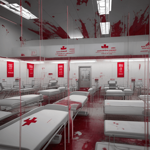AI generated: dystopian illustration of a blood donation center. Six people are suspended from the ceiling by intr...