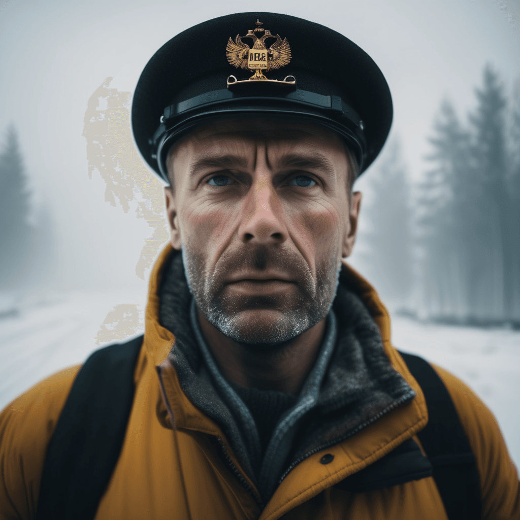 AI generated: A dramatic 4K image of a Russian engineer in winter daylight, with a powerful, intense expression, s...