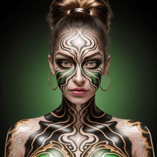 AI generated: An image of a woman in a hyperrealistic style, featuring an intricate body paint design. The skin sh...
