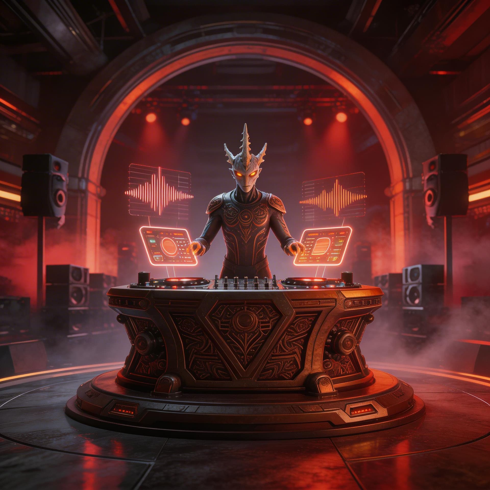 AI generated: Futuristic TAGG DJ command booth inside alien nightclub, massive elevated armored metallic platform ...