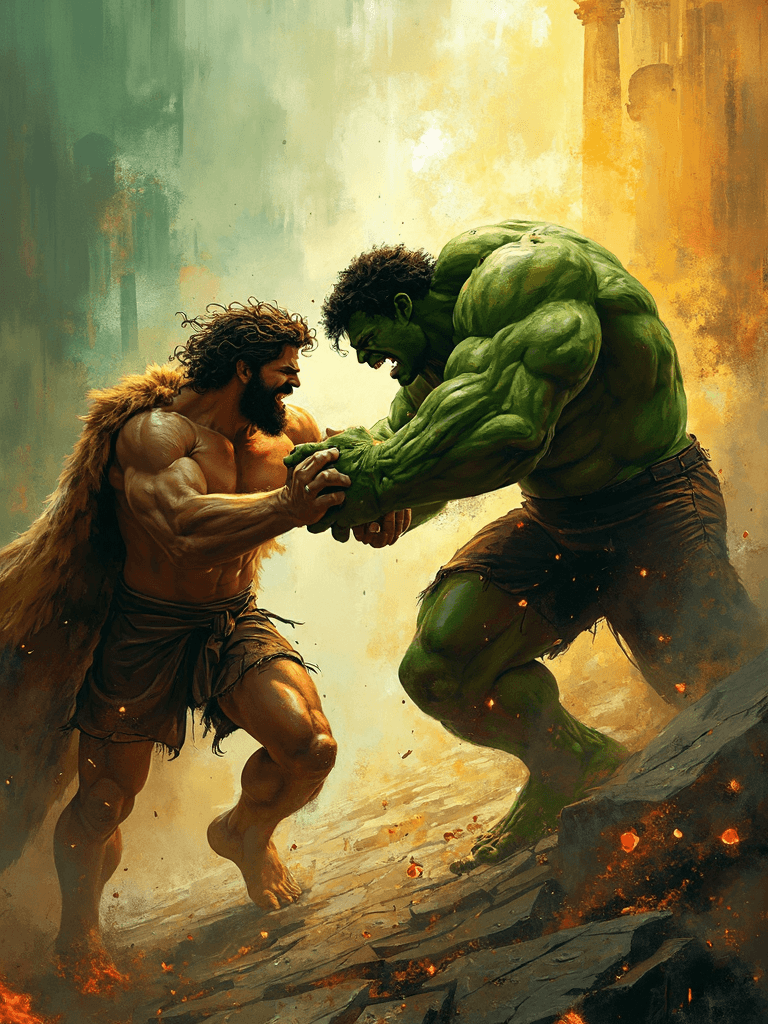AI generated: An abstract, mythic painting depicting Hercules and the Hulk locked in a ferocious power struggle, t...