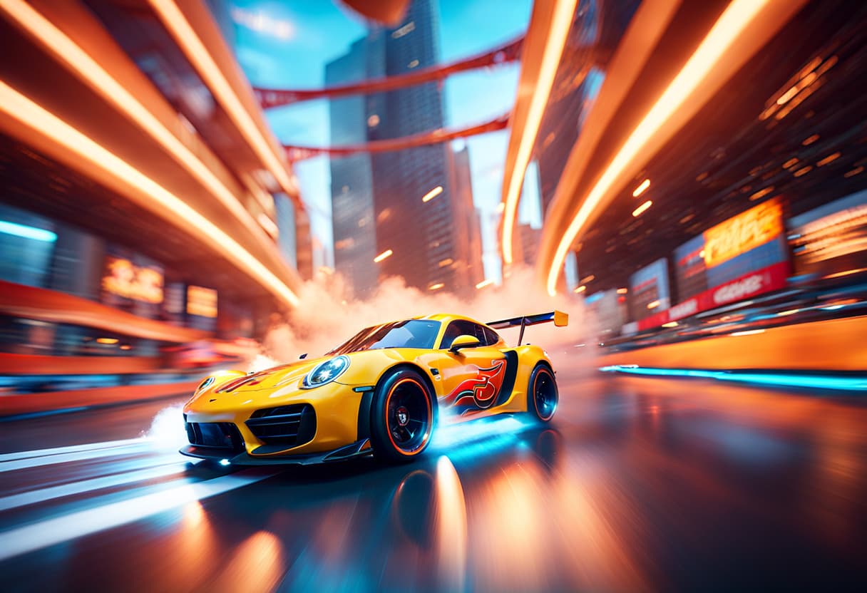 AI generated: cinematic CG 8k wallpaper, action scene from Hot Wheels tabletop racing game, perfect symmetric cars...