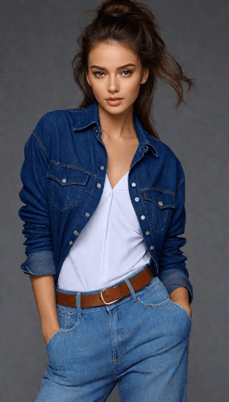 AI generated: A young woman in a casual and confident pose, standing slightly angled to her left with her weight r...