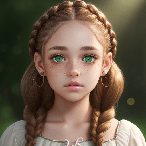 AI generated: A cute girl with light brown braided hair, posing, 
. Her eyes are emerald green, small pouted lips,...
