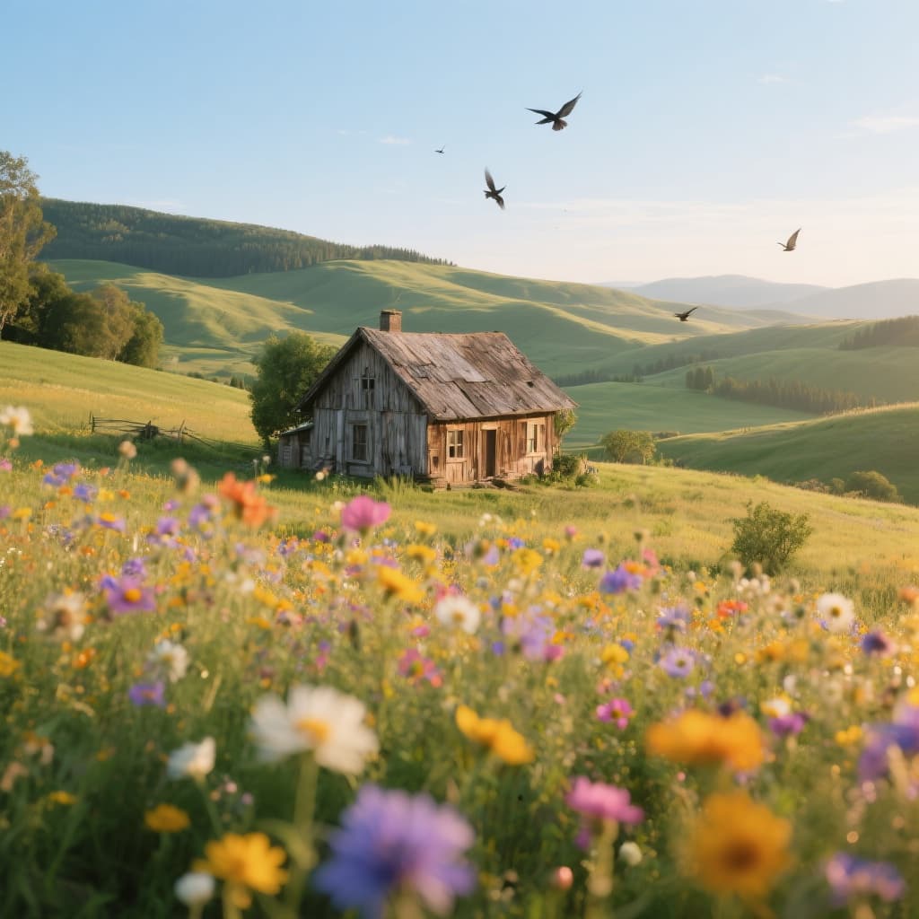 AI generated: A rustic country house surrounded by vibrant wildflowers, nestled in a serene countryside landscape....