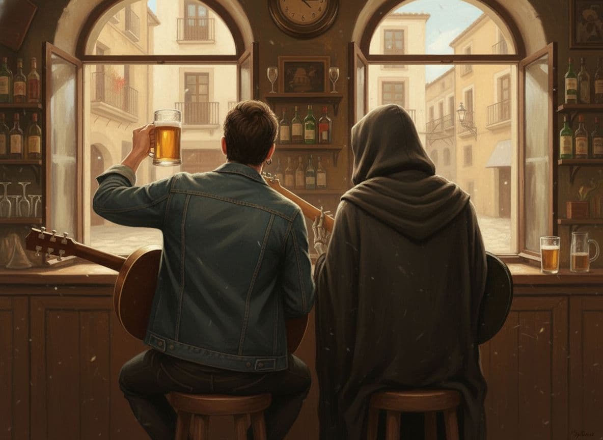 AI generated: the Grim Reaper and a man sitting at the bar, viewed from behind, the man is holding a guitar and a ...