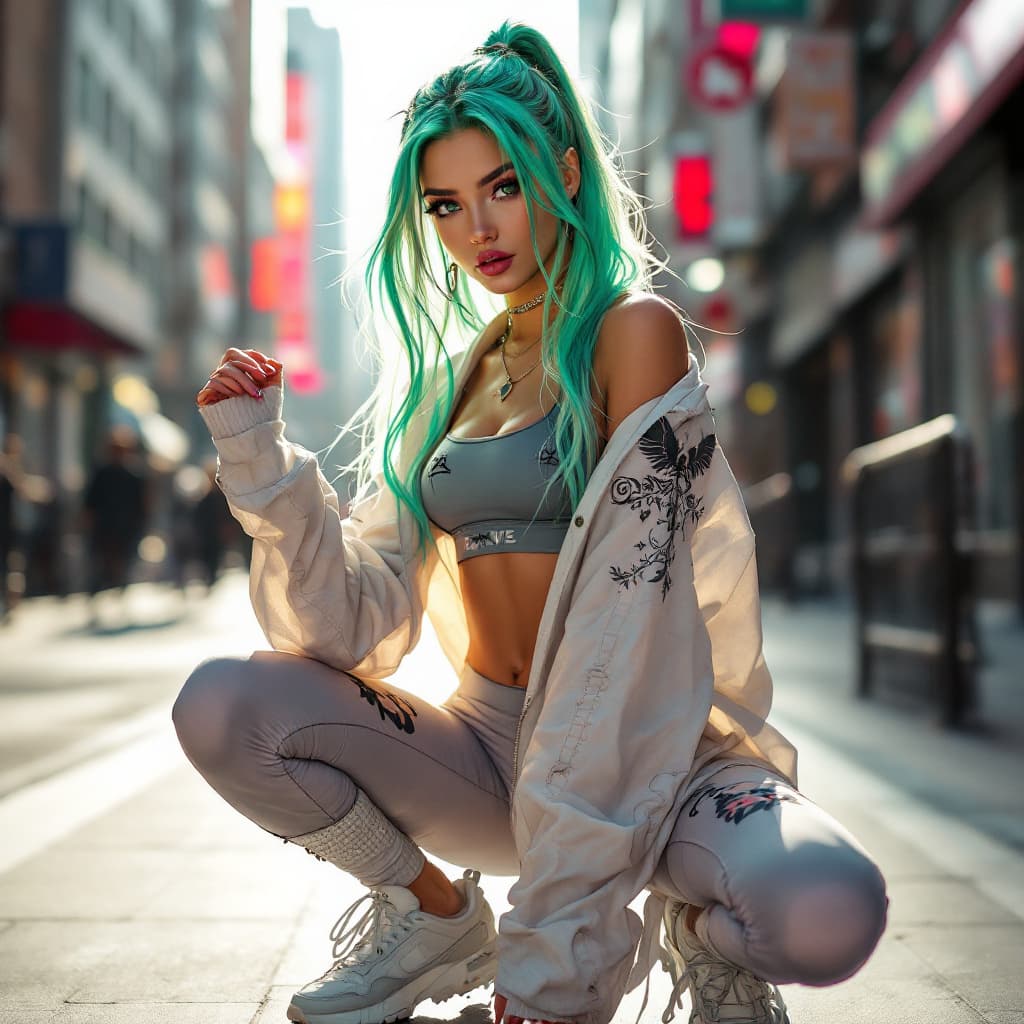 AI generated: 1 girl, i-shaped balance,(long iridescent green hair:1.2) , beautiful eyes, (cowboy body shot:1.3) ,...