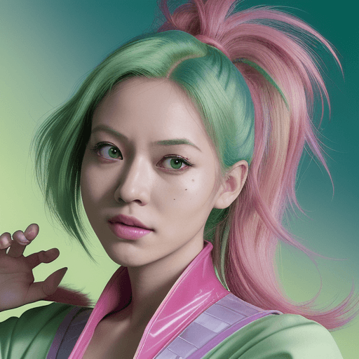 AI generated: a colorful woman with colorful hair, in the style of martin ansin, light green and light emerald, ak...