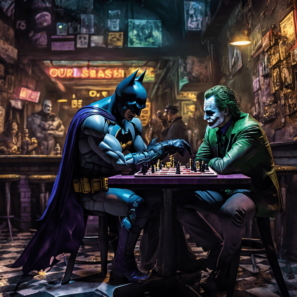 AI generated: photograph of batman playing chess, the joker is sitting opposite batman at the same table, grimey d...