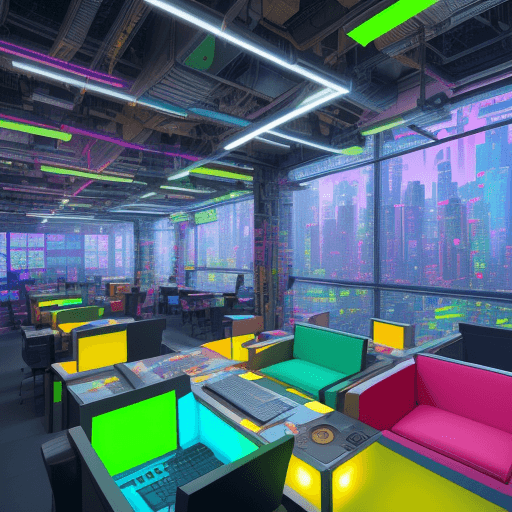 AI generated: A vibrant, abstract mosaic of Post-It notes, coffee cups, and laptops coalesces into a stylized, fut...