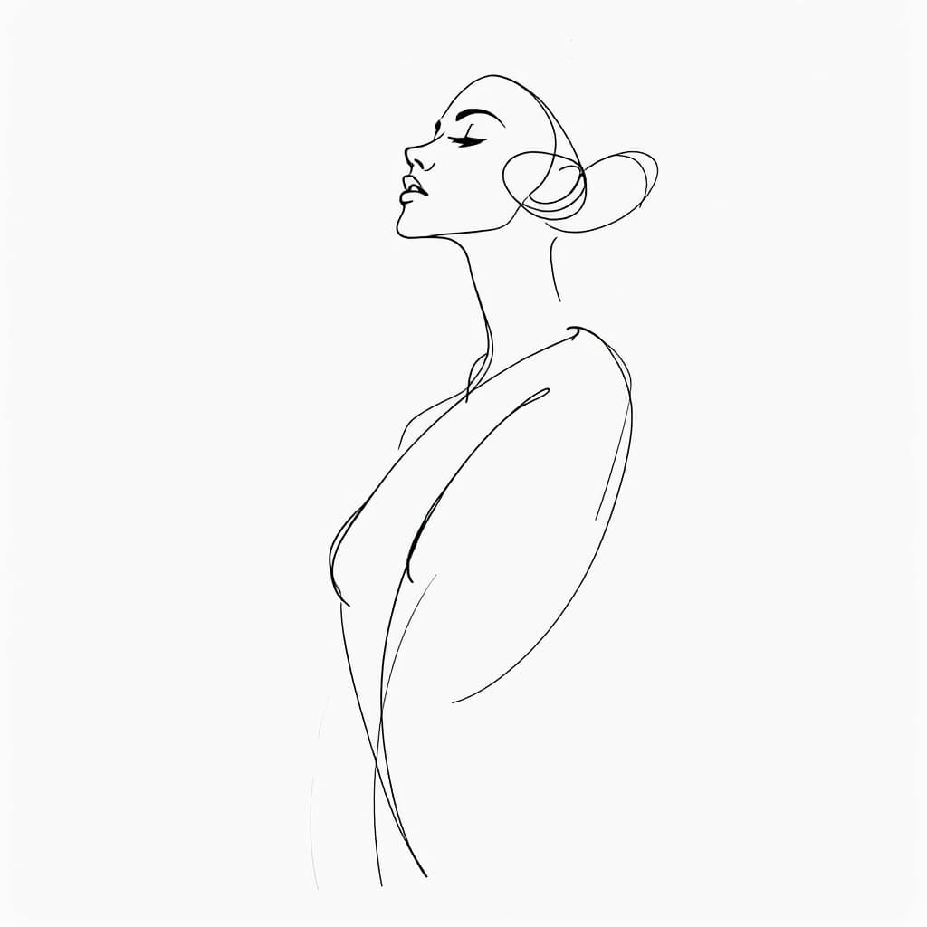 AI generated: Create a minimalist, abstract sketch of a woman, using very basic and delicate lines to define her f...