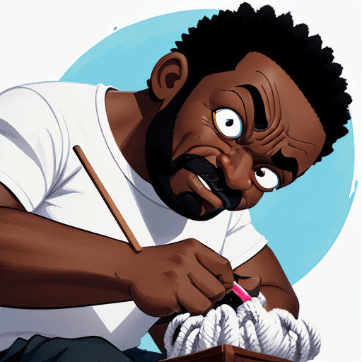 AI generated: Low angle shot at a dark skinned man looking down knitting, he has a determined expression on his fa...