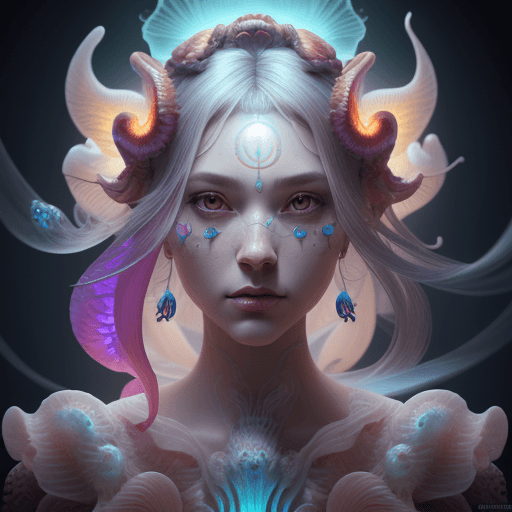 AI generated: Goddess close-up portrait ribcagel. jellyfish phoenix head, nautilus, orchid, skull, betta fish, bio...