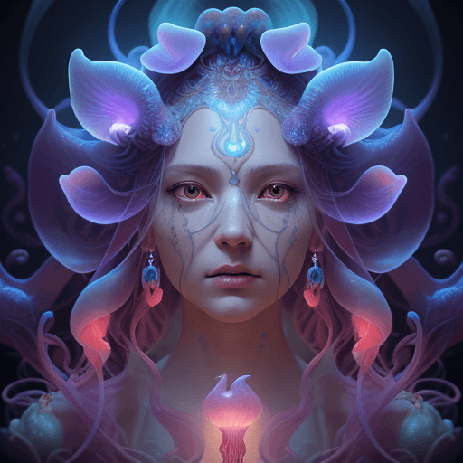 AI generated: Goddess close-up portrait ribcagel. jellyfish phoenix head, nautilus, orchid, skull, betta fish, bio...