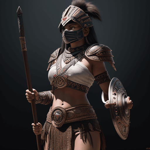 AI generated: female Aztec warrior, wearing a full battle face mask, helm, finely detailed armor, holding Obsidian...