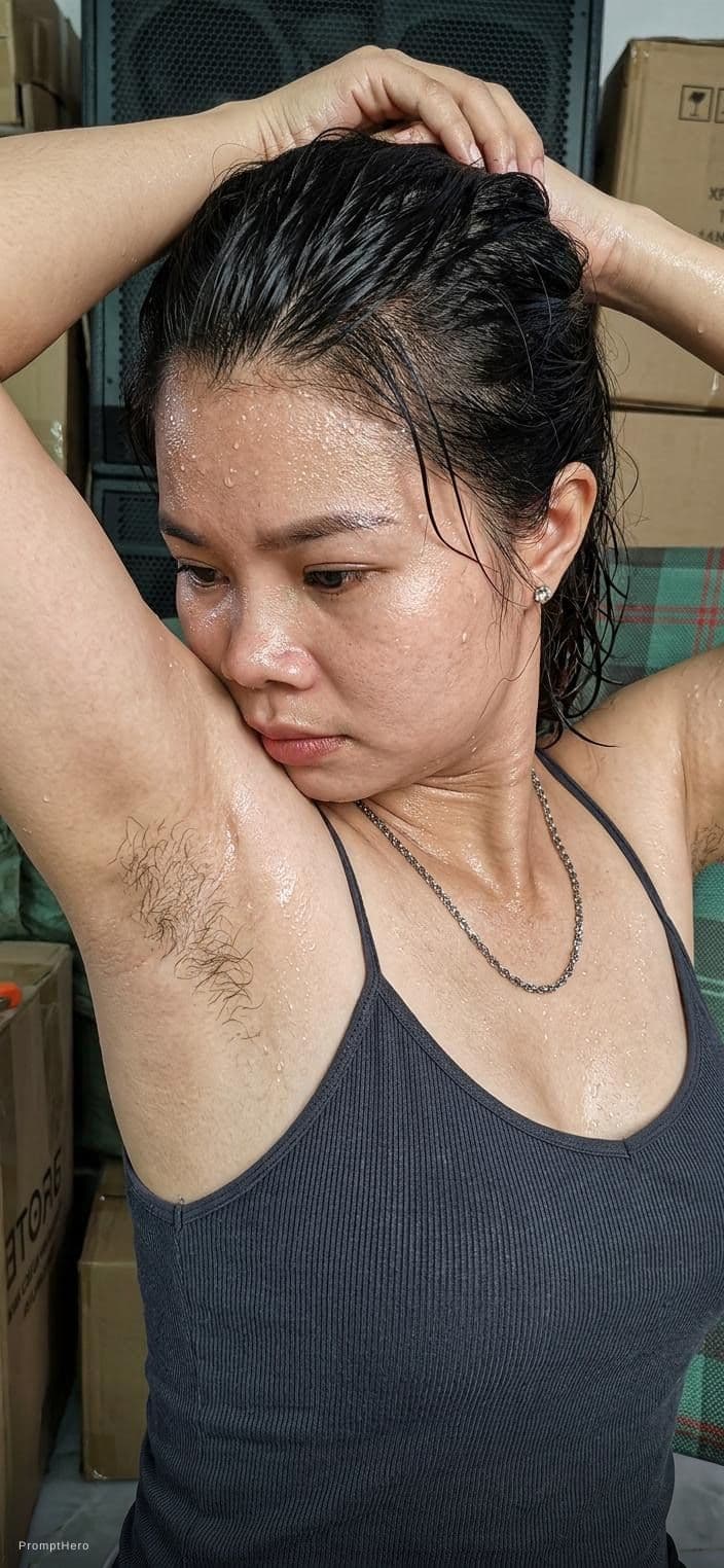 AI generated: Sweaty skin and hair and showing armpit sweaty hair patch and pose like holding two hands on up hair...