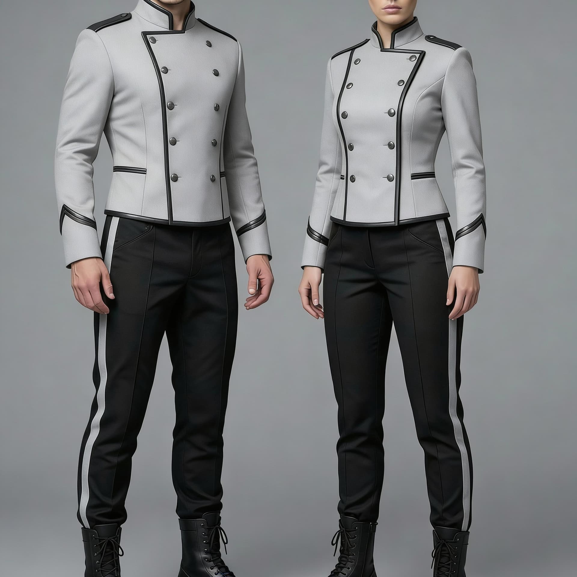 AI generated: Create a Sci-Fi uniform. Use the reference image and turn all red to Grey. The color of the uniform ...