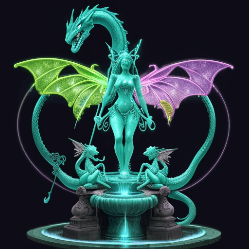 AI generated: a (Unique Masterpiece) 'water fountain' with 2 arms. the Statue has two huge serpent-dragons standin...