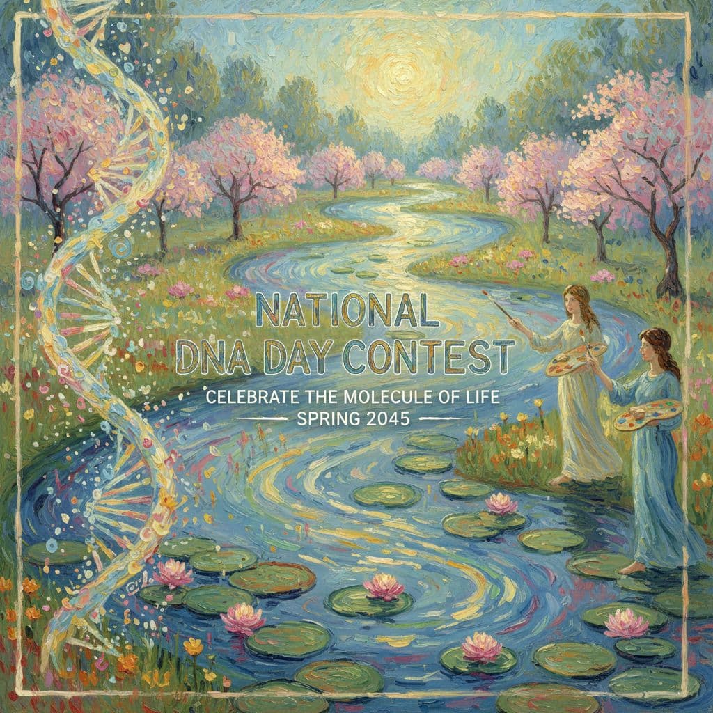 AI generated: create 2045 × 968 pixels banner image of national dna day contest in oil painting (monet) style
