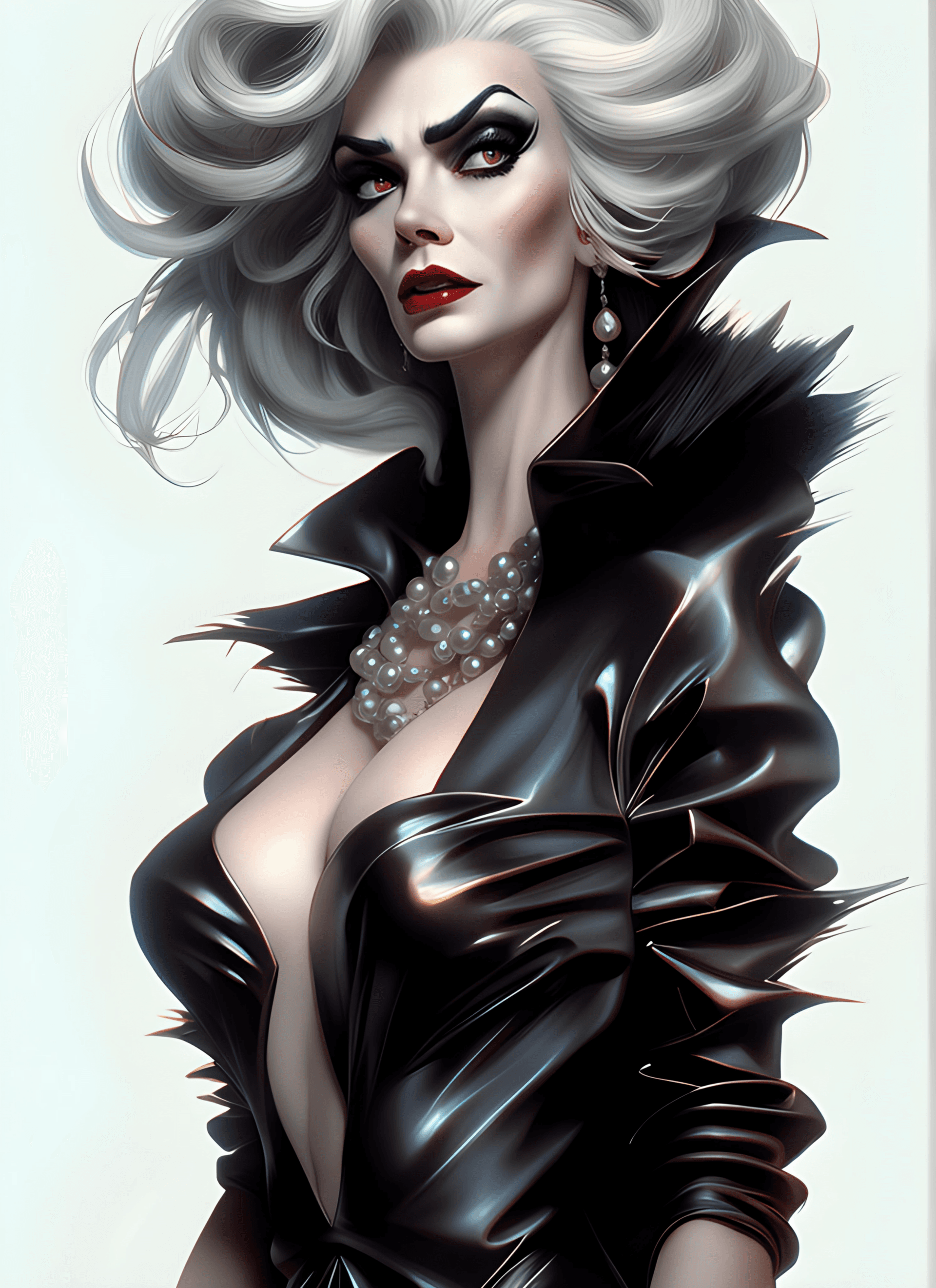 AI generated: Cruella De Vil gorgeous, perfect hands, full body, perfect face, Antonio Manzanedo art, hyper detail...