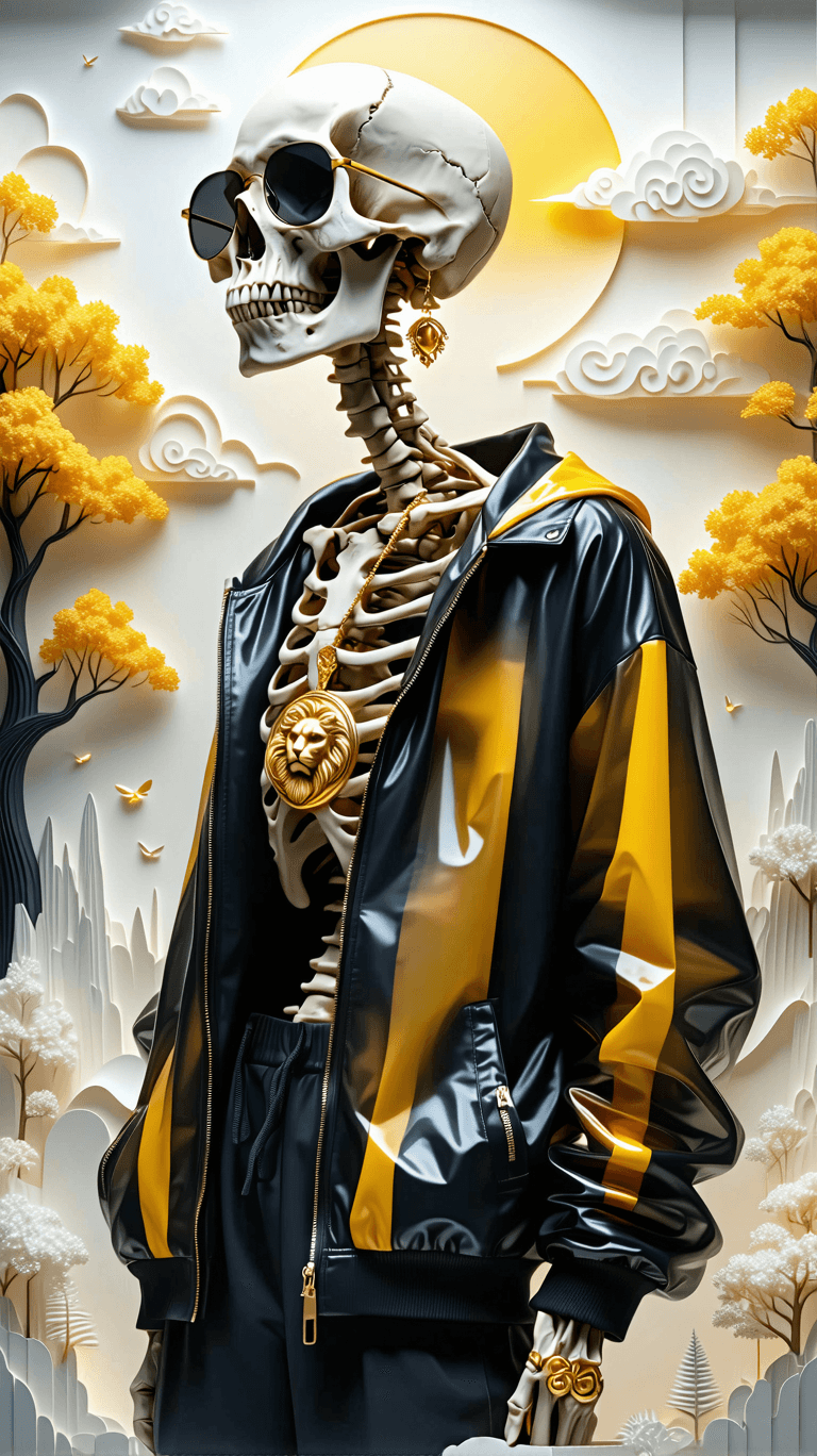 AI generated: A hyper-realistic skeleton in a black and yellow transparent jacket with medusa gold zippers, wearin...