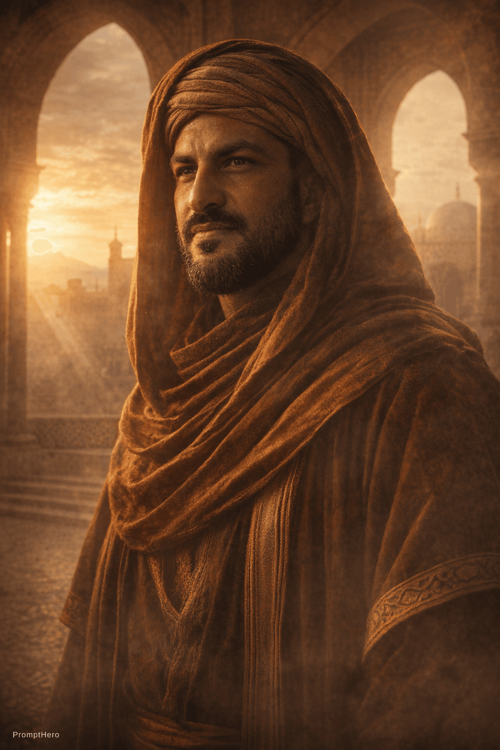 AI generated: Epic cinematic portrait of Ibn Khaldun (Ibn Jaldún), 14th-century Arab historian and philosopher, po...