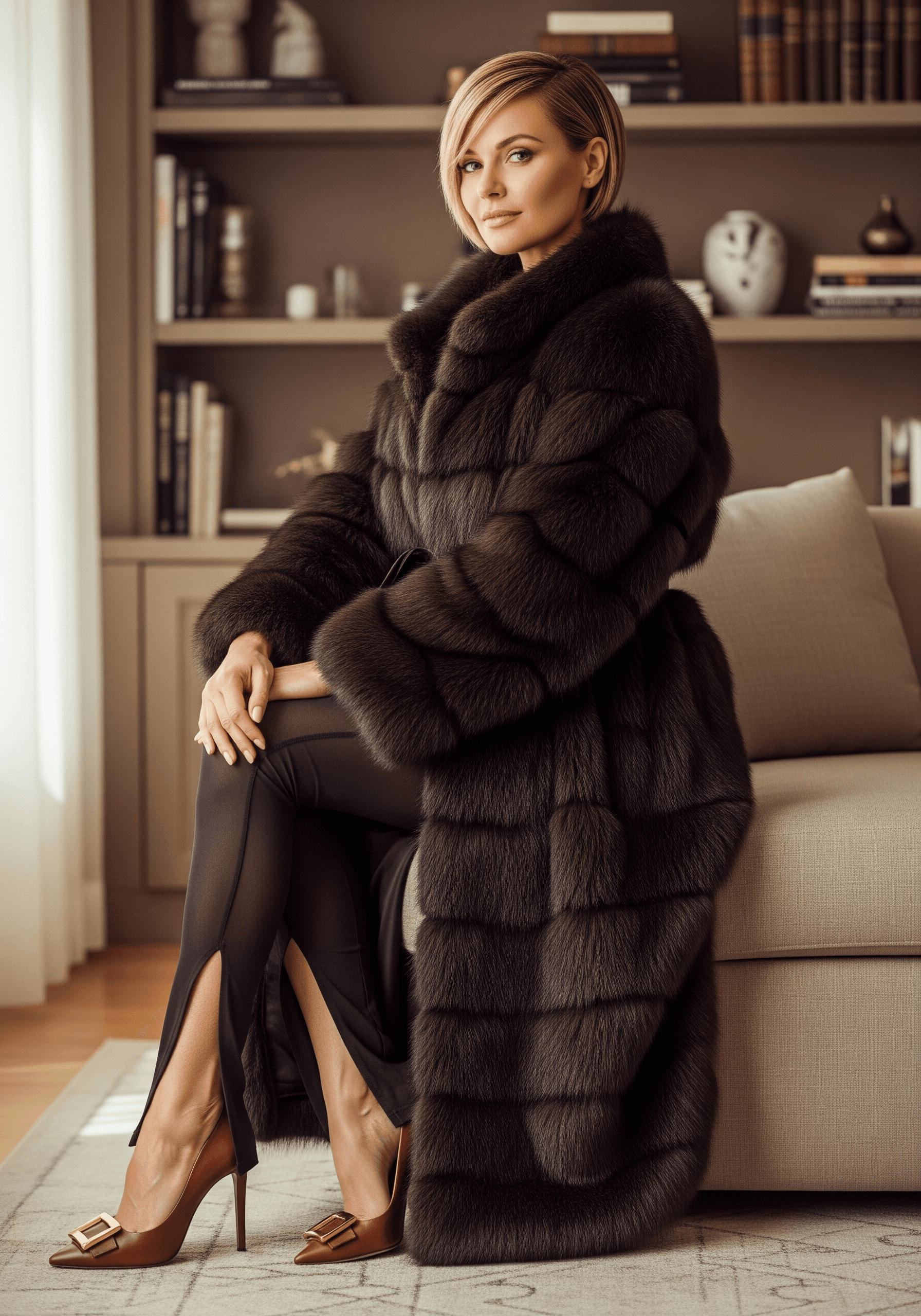 AI generated: A full-body shot of a beautiful, stylish woman with a short blonde bob, wearing a large, fluffy dark...